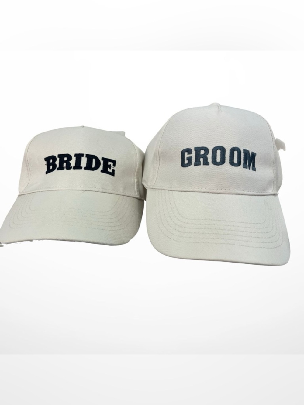 Bride & Groom Embroidered Baseball Caps - Cream with Black Text